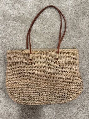 Vintage Cappelli straworld Woven Straw Bag Raffia Beach Purse Leather Straps